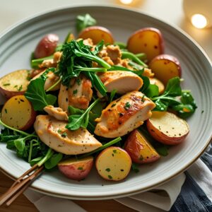 Sauté de poulet, jardinière de légumes verts et pommes de terre
